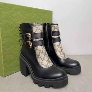 Gucci Black and Cream Monogram Heeled Boots